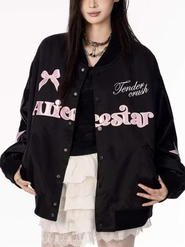 跨境棒球服慵懒潮流流行美式蝴蝶结星星刺绣男女夹克外贸卫衣外套|undefined