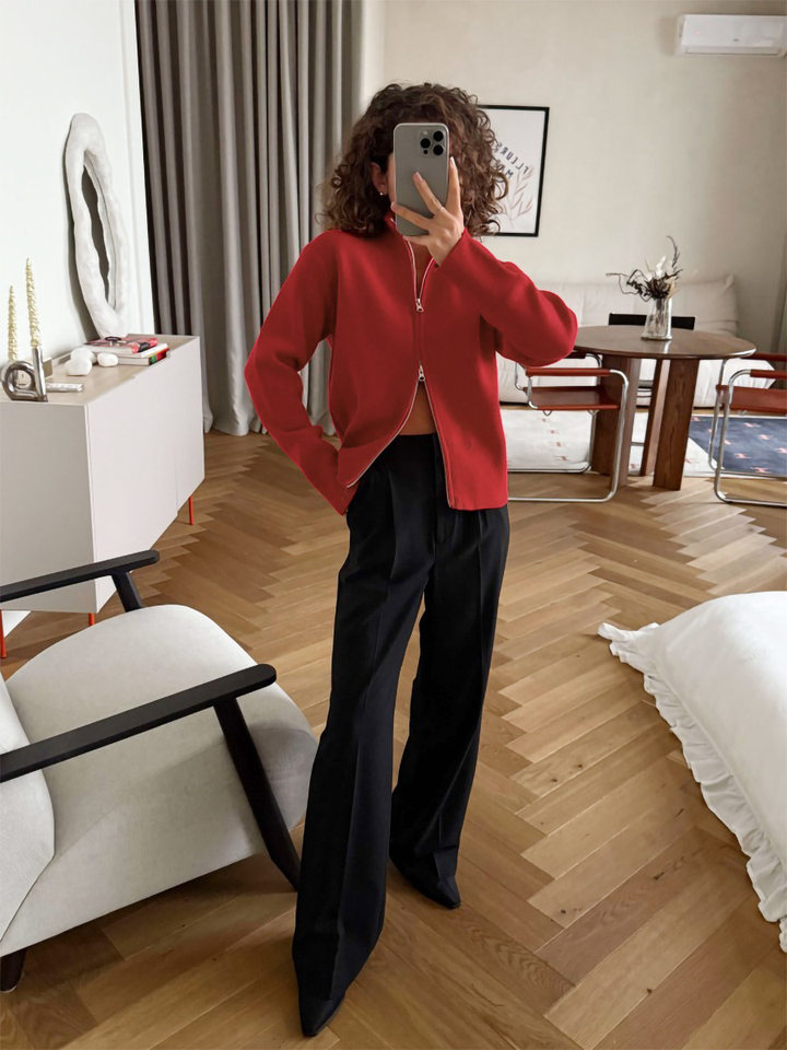 Áo khoác cardigan len dệt kim cổ đứng khóa kéo hai chiều dài tay — Màu nâu cà phê, Màu trắng, màu đen, màu đỏ chi tiết 15