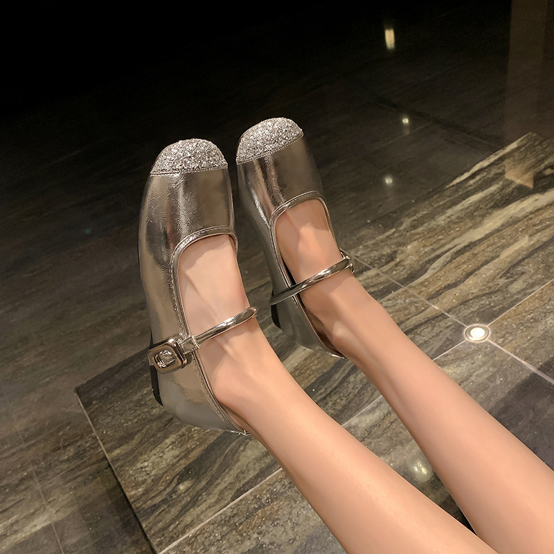 Petite Women's 5cm Height Increasing French Style Silver Rhinestone Mary Jane Soft Sole Ballet With One Strap Shallow_vogvips.com