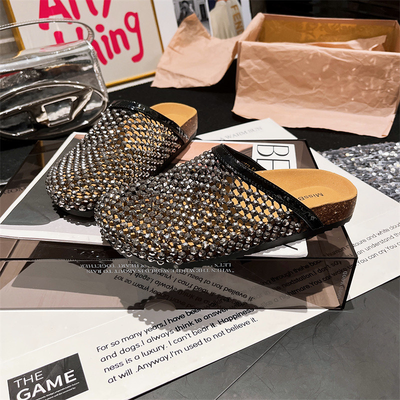 2025 verano diamantes de imitación diamantes red de pesca Baotou cabeza grande Baotou medias pantuflas sandalias zapatos de Tobken zapatos planos de mujer