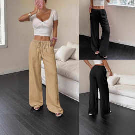 加工定制女装欧美跨境外贸纯色休闲阔腿裤简约时尚秋季高腰长裤