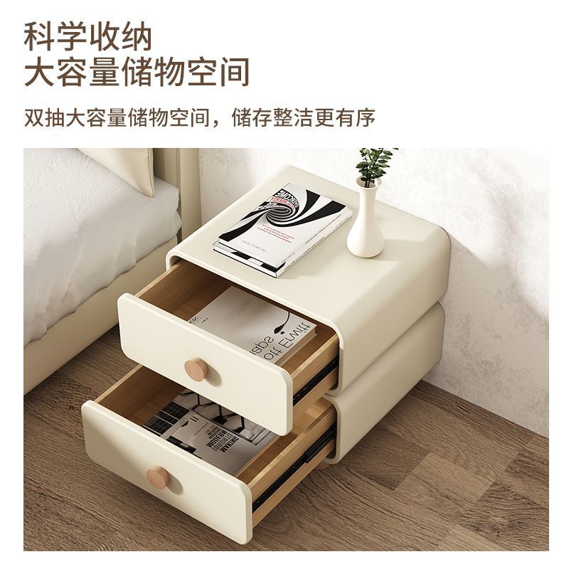 Cream Storage Cabinet Bedroom Leather Simple Modern Solid Wood Simple Installation-Free Style Small Bedside Cabinet Bedside Table