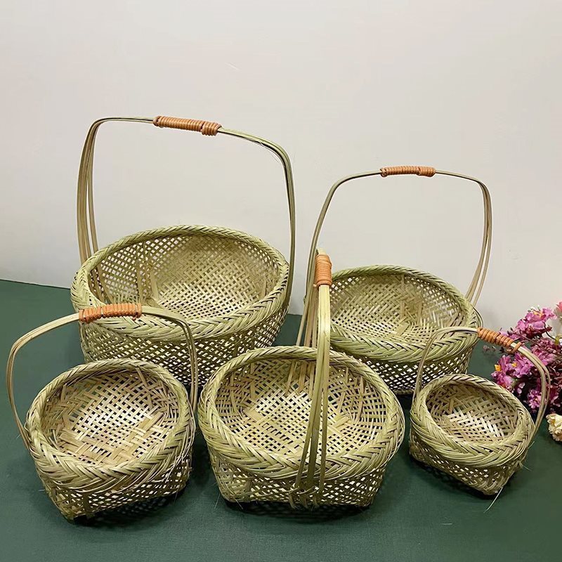手工竹编提篮圆形水果篮婚庆篮子围炉煮茶点盘茶艺酒店多层火锅篮|undefined
