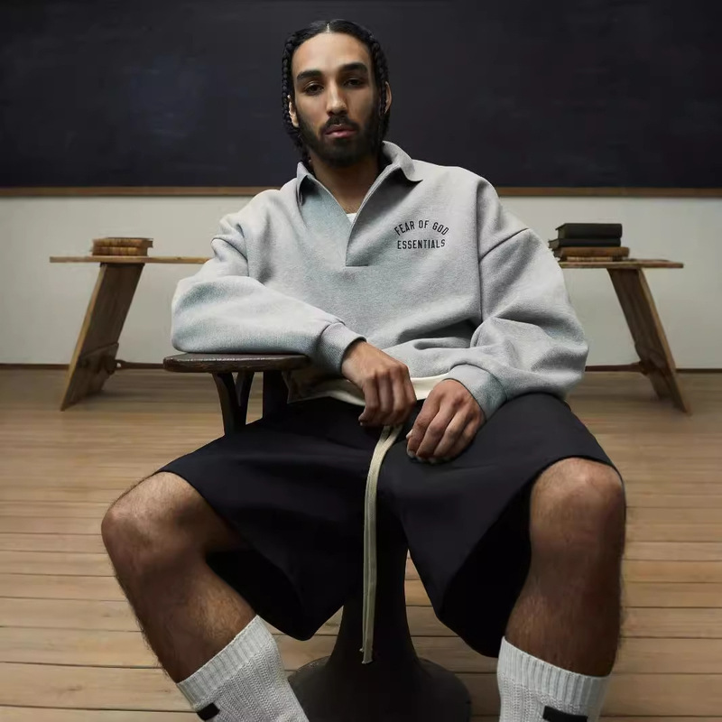 ESSENTIALS Small Half Arc Printed POLO Collar fleece-lined Sweater Autumn and Winter New Simple All-match Men's Top