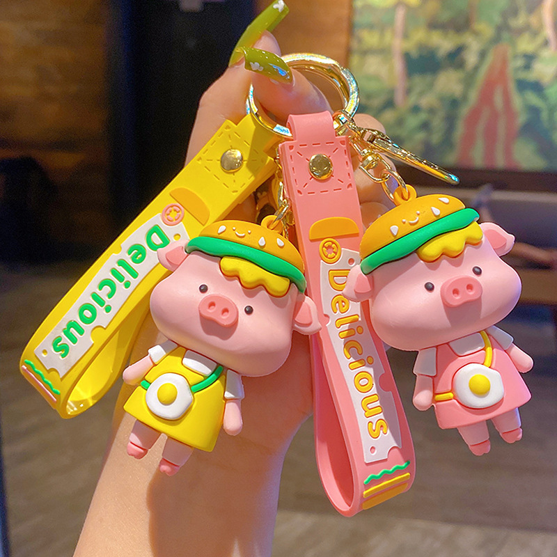 Cartoon Hamburger Helmet Piggy Doll Keychain Female Cute Couple Car Key Chain Schoolbag Pendant Key Ring