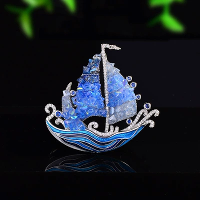 New Smooth Sailing Sailing Brooch, High-End Light Luxury Crystal Corsage Brooch, Enamel Colorful Clothing Accessories Wholesale (Yaxa sancaqları) - blue-xr15019