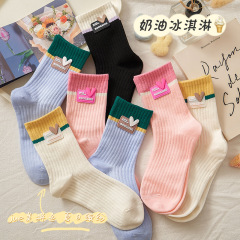 袜子女春秋中筒袜堆堆袜ins潮束口多巴胺色运动袜长筒袜抗菌吸汗