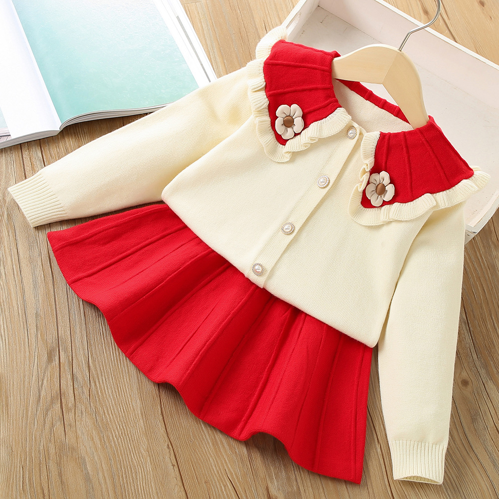 Maglione per bambini 2022 Autunno/Inverno Nuovo set in due pezzi con fiori 3D in stile dolce e occidentale_voghion.com