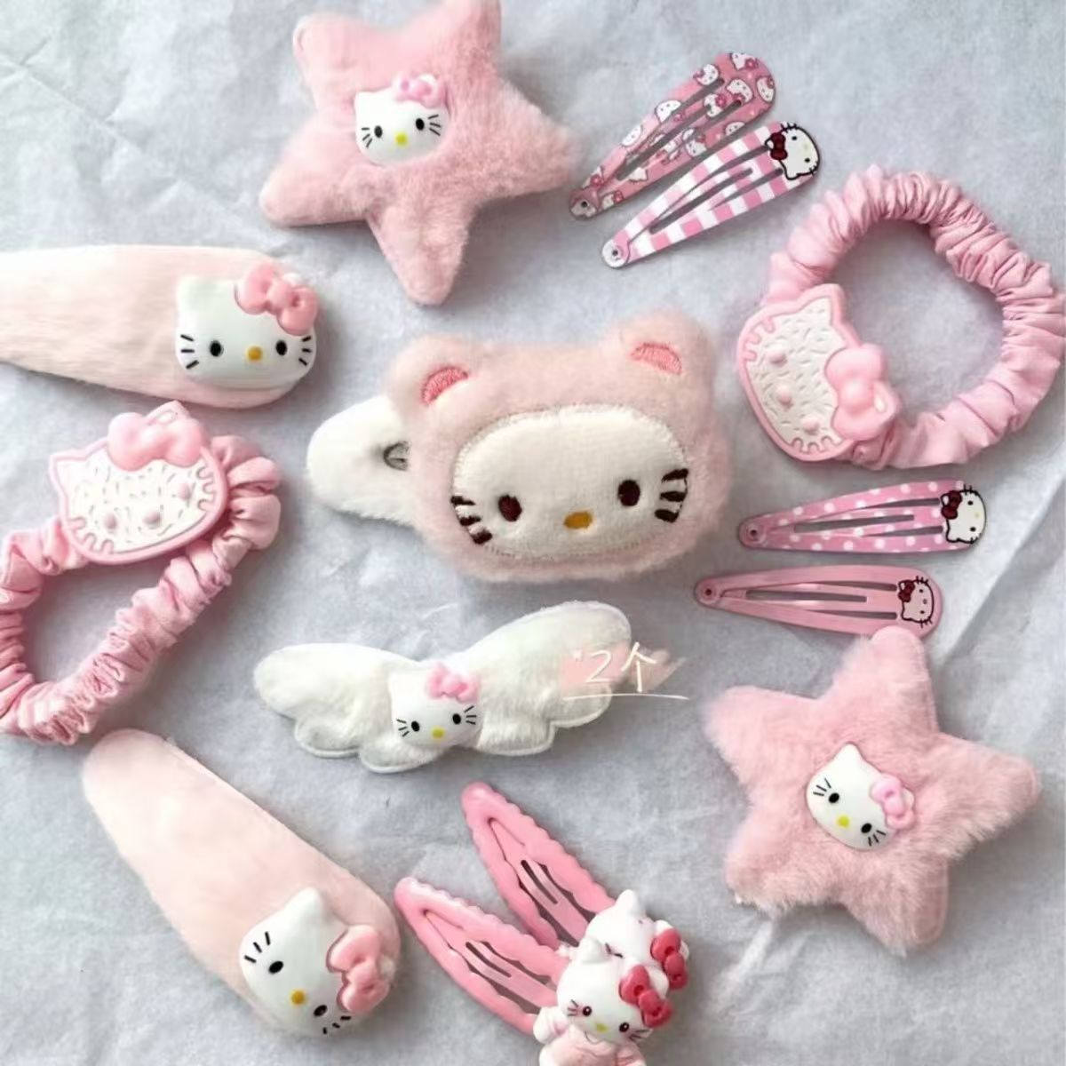可爱粉色毛绒卡通猫鸭嘴夹组合日系少女kT猫卡通发饰侧边发夹