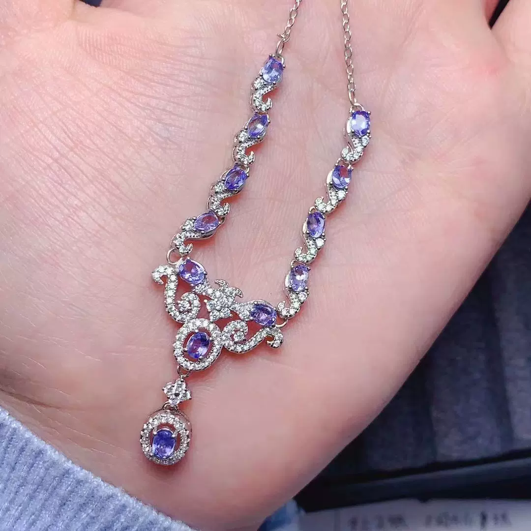 天然坦桑石项链925银精工镶嵌法式设计感锁骨链女订婚彩宝首饰