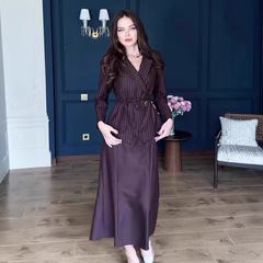 欧美跨境女装2025秋季新款气质翻领条纹开衫系带上衣高腰半裙套装