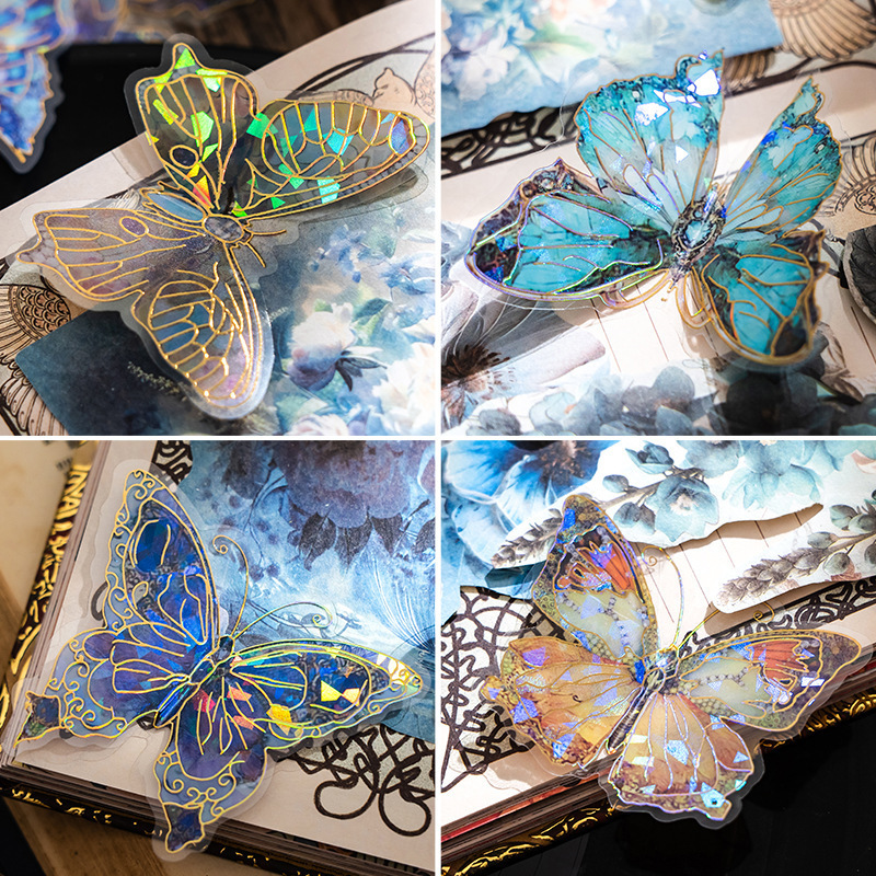 PET láser estereoscópico oro pegatinas bolsa mariposa retrógrada cuentas de mano tarjeta de flujo lino material cuentas de mano DIY pegatinas decorativas