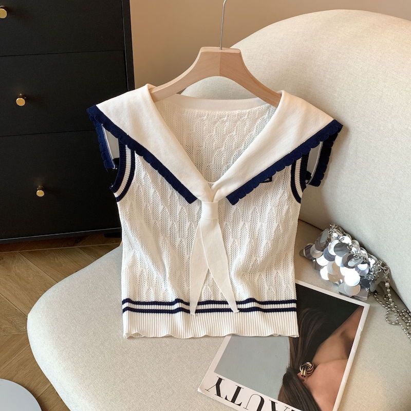 2025 Summer College Style Contrast Color Knitted Vest Women's Summer New Navy Collar Knitted Short Top