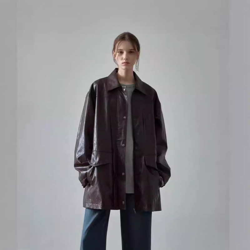 Low Classic Leather Jacket for Women 2025 Spring and Autumn New Loose Designer Style Drawstring Mid-Length Jacket