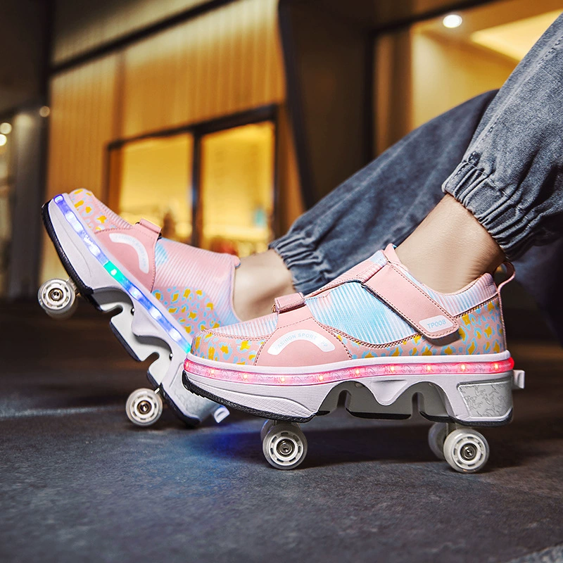 Transformable four‑wheel roller shoes, breathable mesh, unisex, sizes 33–43