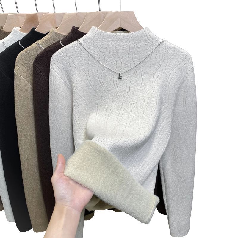 Damen-Fleece-gefütterter Strickpullover – Halbhoher Rollkragen, dickes Winter-Thermooberteil (Weiß, Schwarz, Beige, Khaki, Grau, Rot, Camel, Braun)_voghion.com