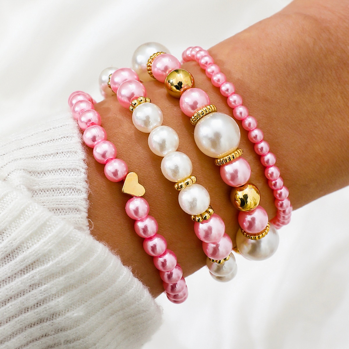 Cross-Border Hot-Selling Fashion 4-Piece Pink Heart Pearl Bracelet Set for Women Beaded Fashion Versatile Popular Bracelet