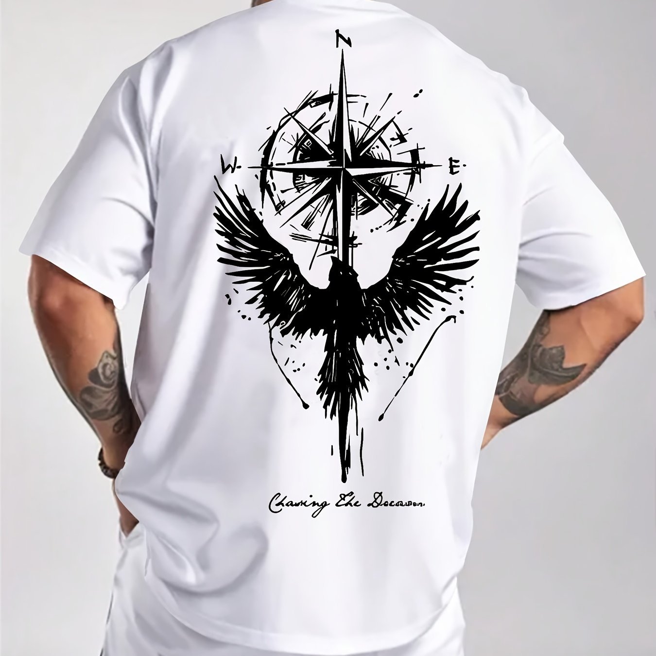 Men's Summer Cotton Crew Neck T-shirt With Compass And Bird Print_voghion.com