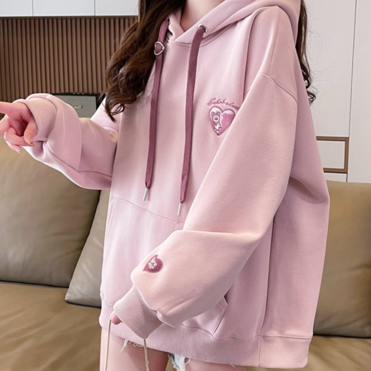 连帽卫衣女秋冬季韩版宽松大码加绒加厚设计感小众小个子百搭外套