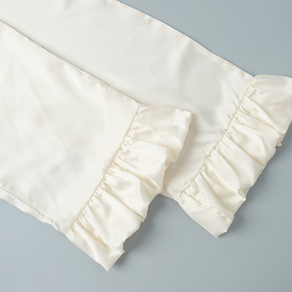 Bộ đồ ngủ dài tay dài quần viền bèo nhún phong cách Âu Mỹ, áo cardigan cài nút — Màu be chi tiết 14