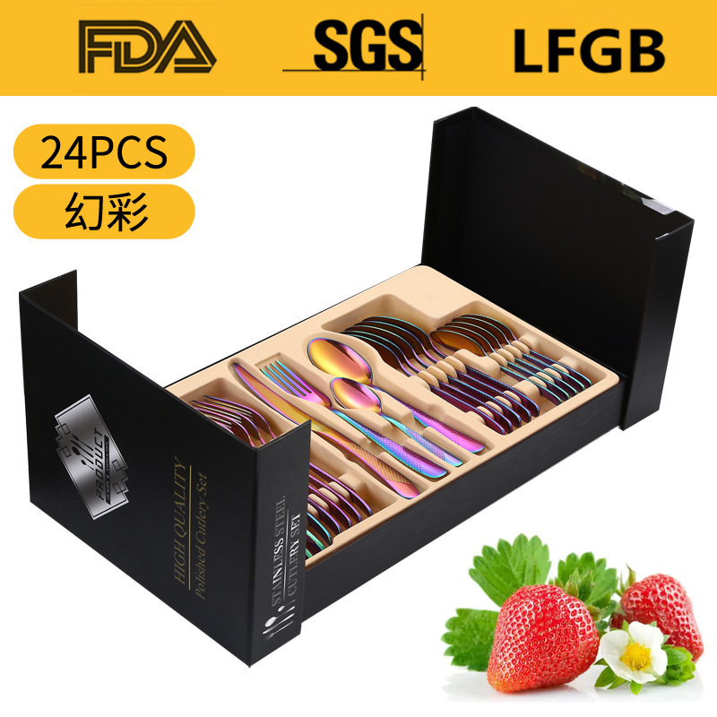 Amazon Tik Tok vajilla de acero inoxidable caliente 24 piezas traje estrella diamante cuatro piezas principales cuchillo, tenedor y cuchara caja de regalo traje