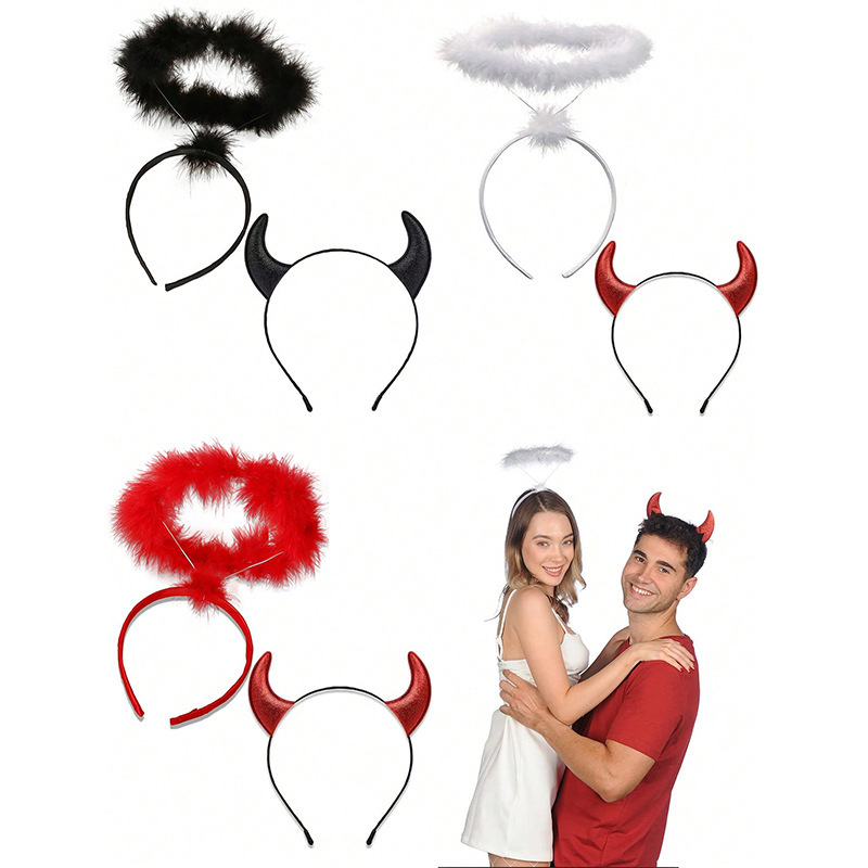 ハロウィンクリスマスパーティーダンスパフォーマンスヘアアクセサリー白い羽の天使のリングヘッドバンド悪魔の角ヘッドバンド|undefined