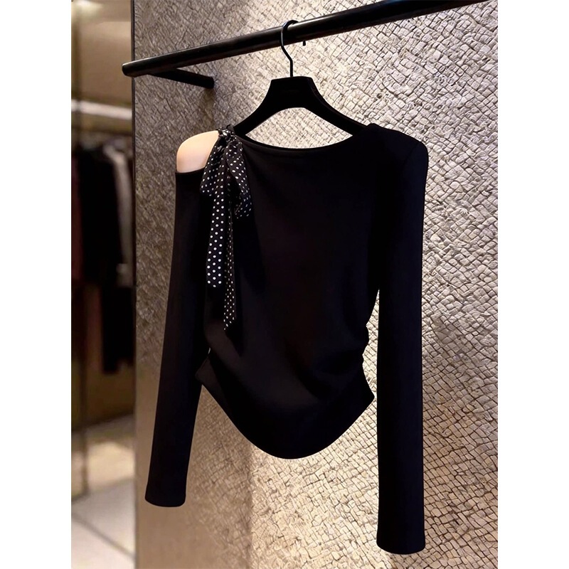Pure Desire Style Polka Dot Tie-Strap Off-Shoulder Shirt for Women 2026 Spring New Large Size Waist-Cinching Slimming Black Versatile Top Pure Desire Style Polka Dot Tie-Strap Off-Shoulder Shirt for Women 2026 Spring New Large Size Waist-Cinching Slimming Black Versatile Top