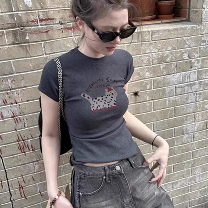 Summer New Style Beautiful and Super Nice Gray Round Neck Right Shoulder Short-Sleeved T-Shirt Women's High-End Slim Top Summer New Style Beautiful and Super Nice Gray Round Neck Right Shoulder Short-Sleeved T-Shirt Women's High-End Slim Top