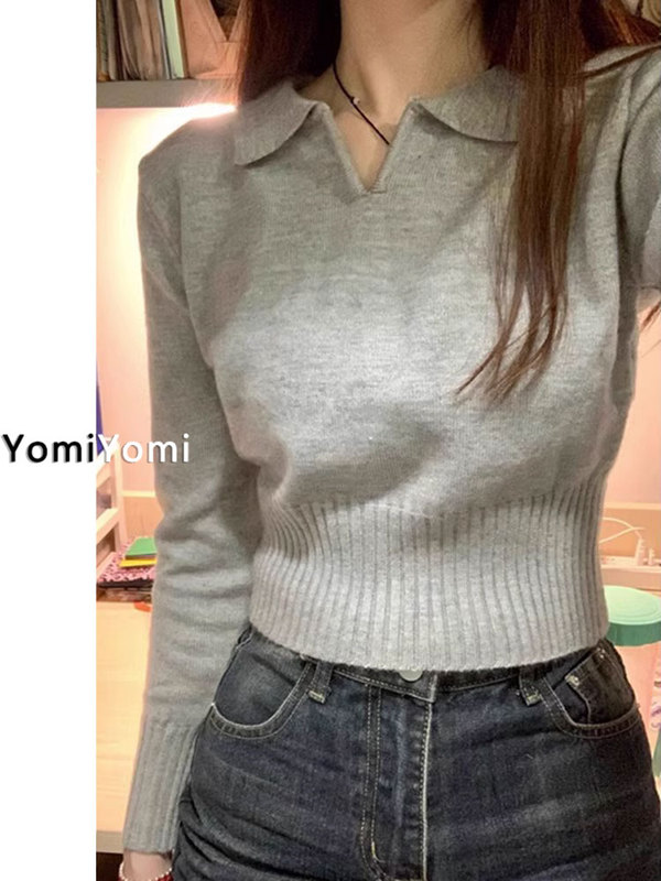 温柔风软糯奶系打底灰色针织衫女毛衣秋季大码胖mm内搭短款上衣潮|undefined