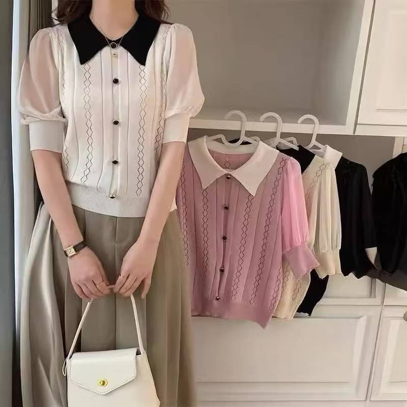 2025 New Style Knitted Knitwear Short Top Women's High Waist Ice Silk Bottoming Square Collar Cut Out Short-Sleeved T-Shirt Women's Summer Wear 2