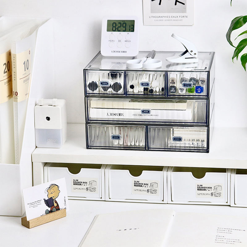 Caja de almacenamiento de escritorio rayada transparente de aspecto alto de múltiples capas de montaje-Cuenta de mano libre artículos diversos de gran capacidad de acabado