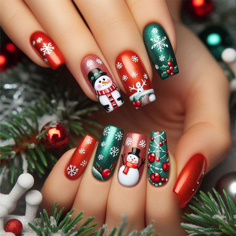 Cross-Border Christmas Snowman Fake Nails Medium European and American Wearable Nails Red Glitter Wearable Nails Wholesale Cross-Border Christmas Snowman Fake Nails Medium European and American Wearable Nails Red Glitter Wearable Nails Wholesale