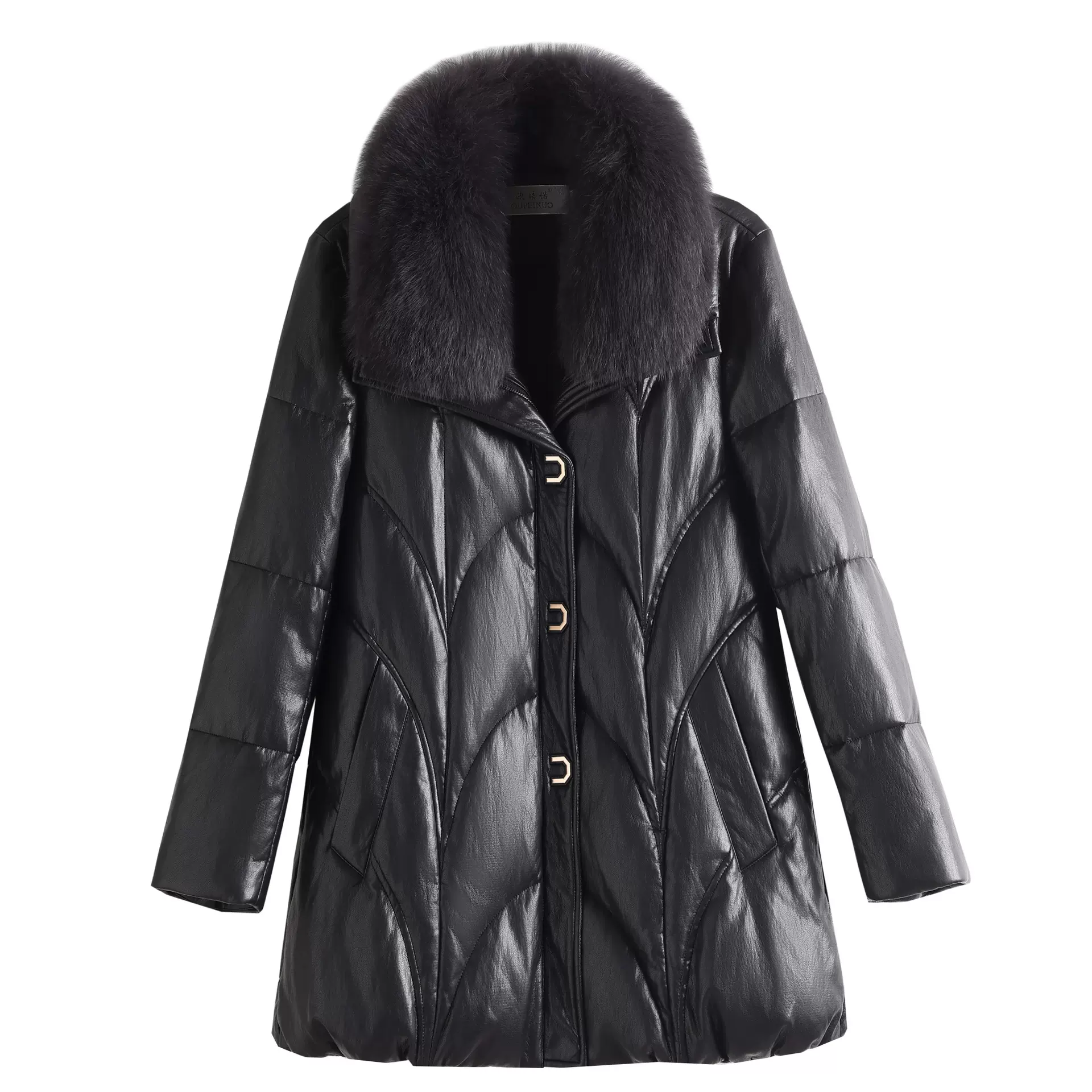 海宁皮草羽绒服女冬装狐狸真毛领中长款加厚90白鸭绒绵羊皮衣外套