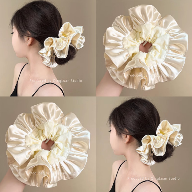 法式温柔~米白色缎面大肠发圈女高级感低马尾慵懒风超大发饰头绳|undefined