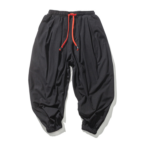 Summer New Men's Linen Lantern Pants Loose Cotton-Linen Tied-Ankle Pants Plus Size Trendy Wide Leg Pants Harem Ankle Pants