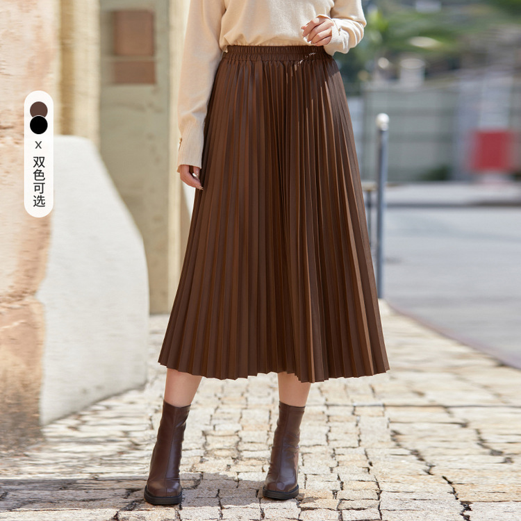 Fiber shows large size retro hip-covering pleated skirt with temperament and slim women's fat mmPU leather skirt 2023 new winter style