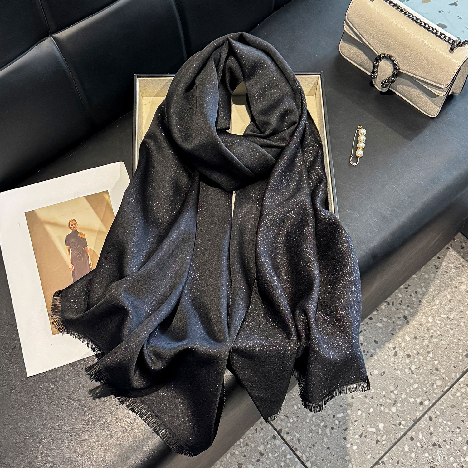 Women's Silk Scarf With Gold Thread Solid Colour Long Beach Wrap_voghion.com