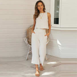 亚马逊外贸女装爆款休闲家居服纯色圆领背心阔腿裤两件套工厂批发