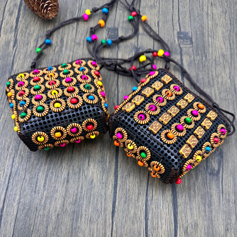 Bohemian One-Shoulder Cross-Body Square Coin Purse Retro Ethnic Style Beach Travel Colorful Coconut Shell Bag