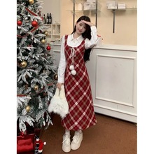 新年圣诞穿搭红色格子毛呢连衣裙女早春假两件收腰A字包臀裙长裙