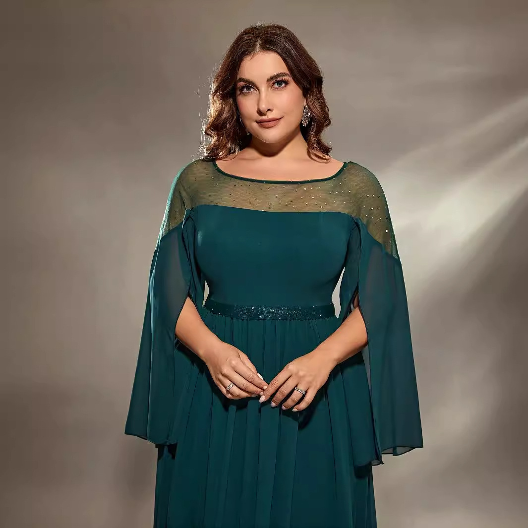 Europa y América vestido de noche nuevo producto grande hombre gordo cuello redondo vestido de dama de honor larga madre negra chiffon image 2