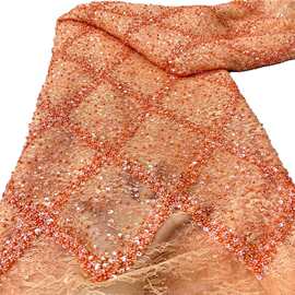奢华重工大菱格子珠管绣亮片布料女装礼服舞台服布面料beads lace