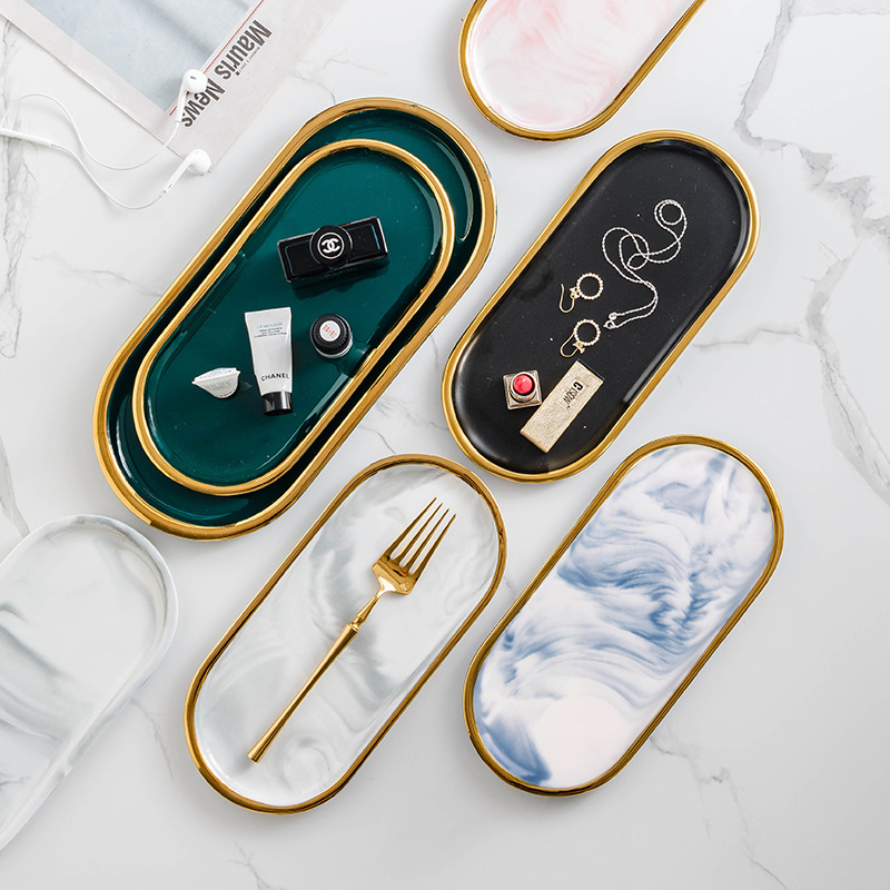 Marble Pattern Ceramic Storage Tray Oval Plate Creative Toilet Supplies Jewelry Aromatherapy Storage Tray