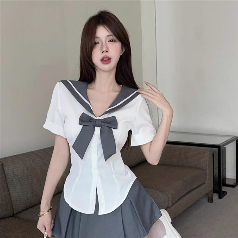 Sweet Jk Uniform Preppy Style Suit for Women Summer Navy Collar Waist Short-Sleeved Shirt High Waist Skirt Three-Piece Set