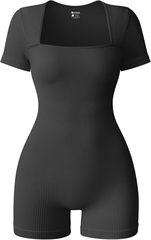 OQQレディースショートスリーブRompers YogaストレッチスクエアネックExer