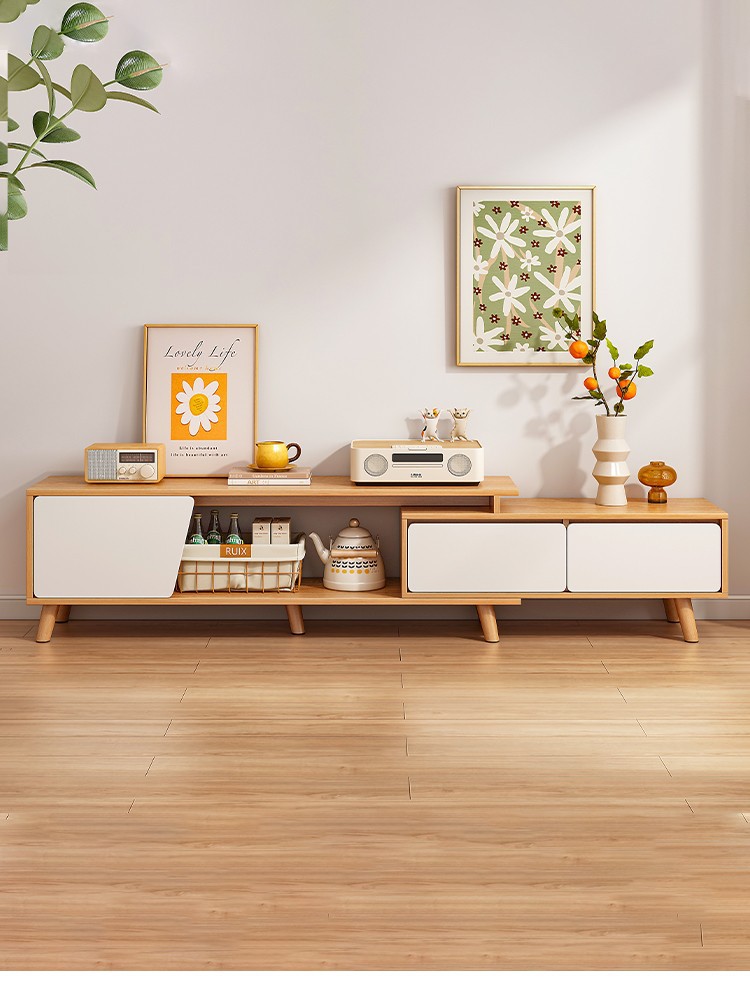 Nordic Solid Wood Leg Tv Cabinet Simple Modern Small Apartment Coffee Table Tv Cabinet Combination Telescopic Tv Cabinet Living Room
