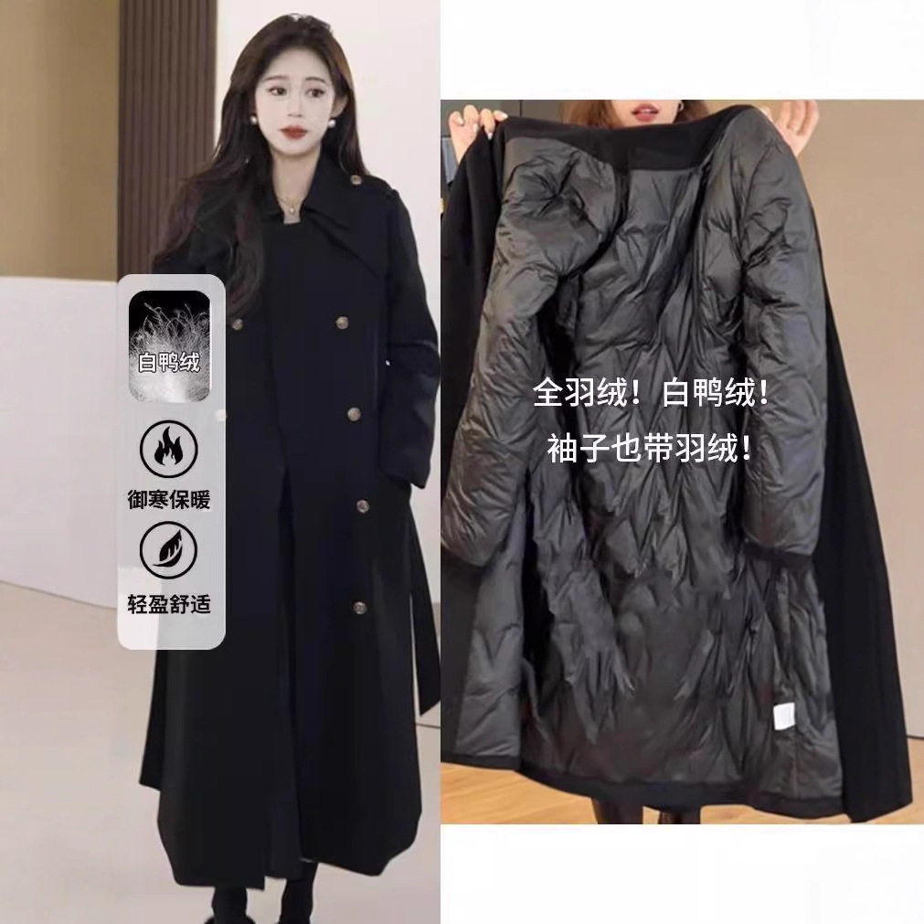 2026 Winter New Plus-Size Women's Slimming White Duck down Lining Trench Coat for Curvy Women with a High-End Feel