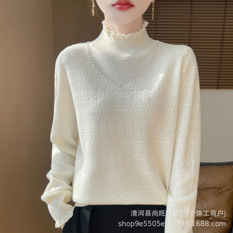 Autumn and Winter New Foreign Trade Loose Lace High-Neck Beaded Hollow-Out Elegant Knit Sweater Women's Top Base Shirt