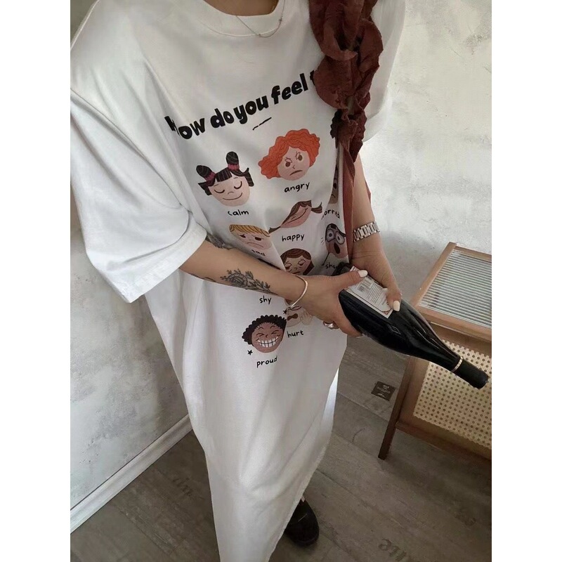 Cotton Summer Cute and Fresh Cartoon Print Long Dress Loose Belly-Covering Short-Sleeved Shirt Dress Nightgown for Women