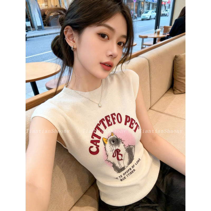 American-Style Printed Cat Ice Silk Short-Sleeve Women's 2026 Summer Thin Slim-Fit Slimming Knit Top Short Shirt American-Style Printed Cat Ice Silk Short-Sleeve Women's 2026 Summer Thin Slim-Fit Slimming Knit Top Short Shirt